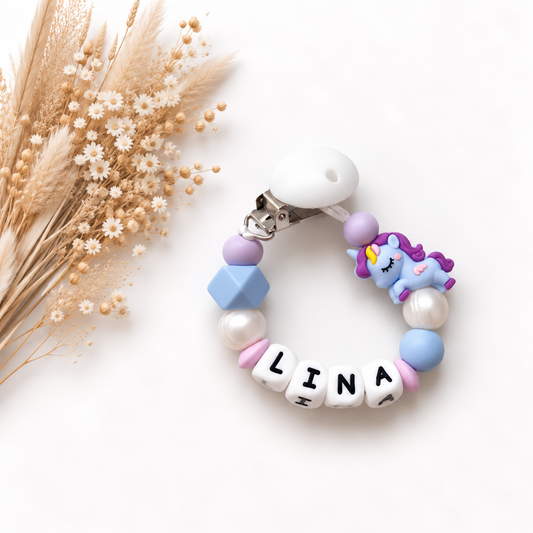 Gepersonaliseerd speenkoord ‘Dream Unicorn’ met unicorn, paarse en blauwe pastelaccenten