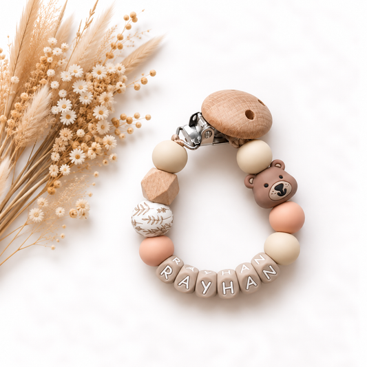 Speenkoord met naam Rustic Teddy in zalm
