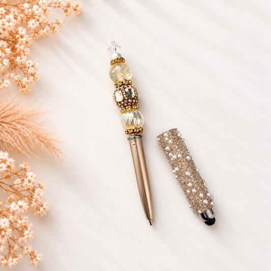 Luxe touchpen Golden Pearl met parel- en goudkleurige details, afgebeelde pen en touchfunctie