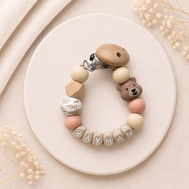 Luxe speenkoord met naam Rustic Teddy in beige en zalm met berenkraal