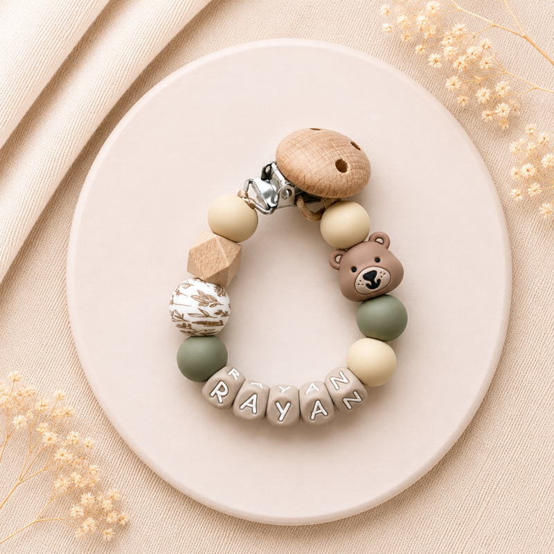 Luxe speenkoord met naam Rustic Teddy met berenkraal