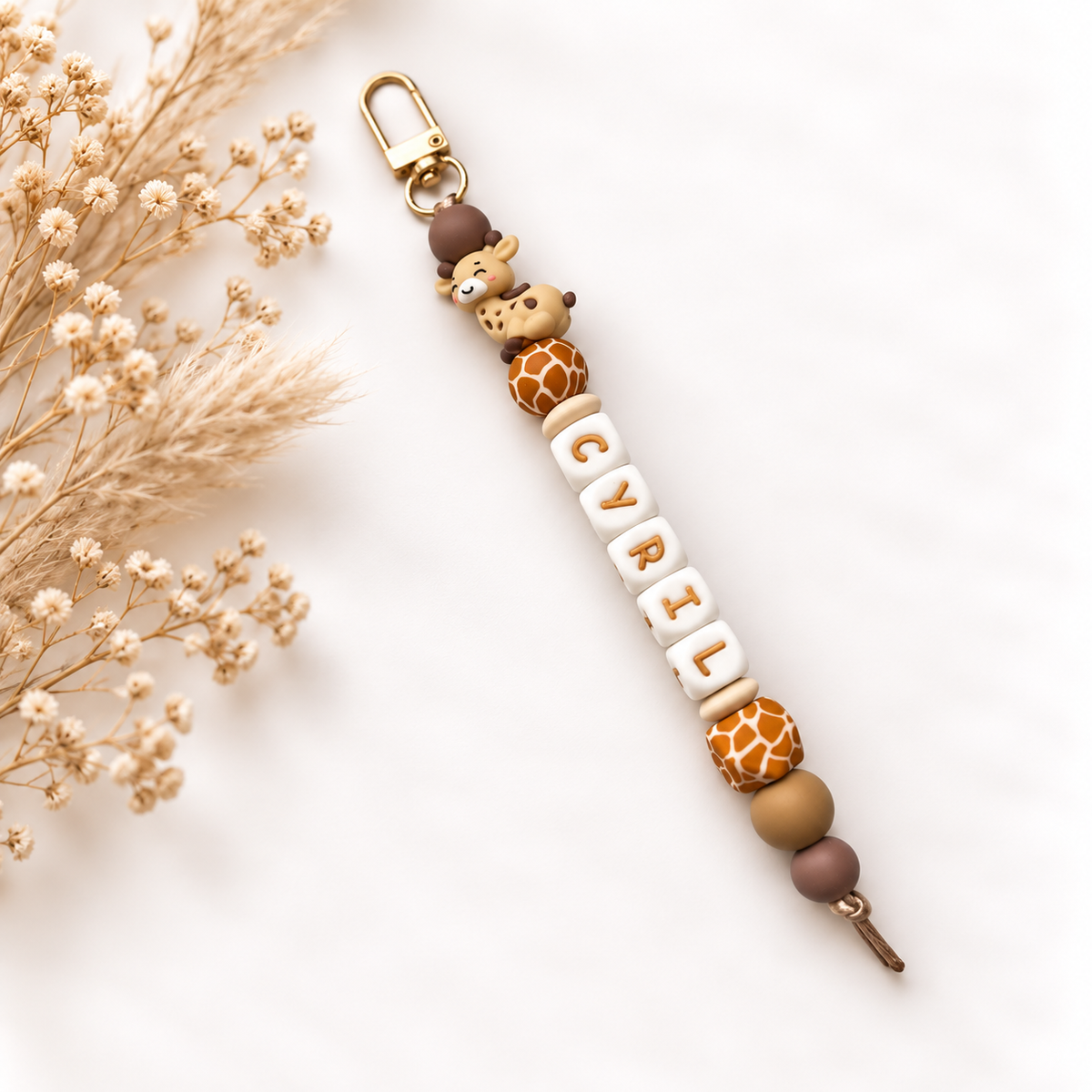 Sleutelhanger met naam Little Giraffe met giraffe kralen